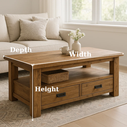 Handcrafted Solid Wood Coffee Table – Rustic Farmhouse Storage with Two Drawers and Shelf