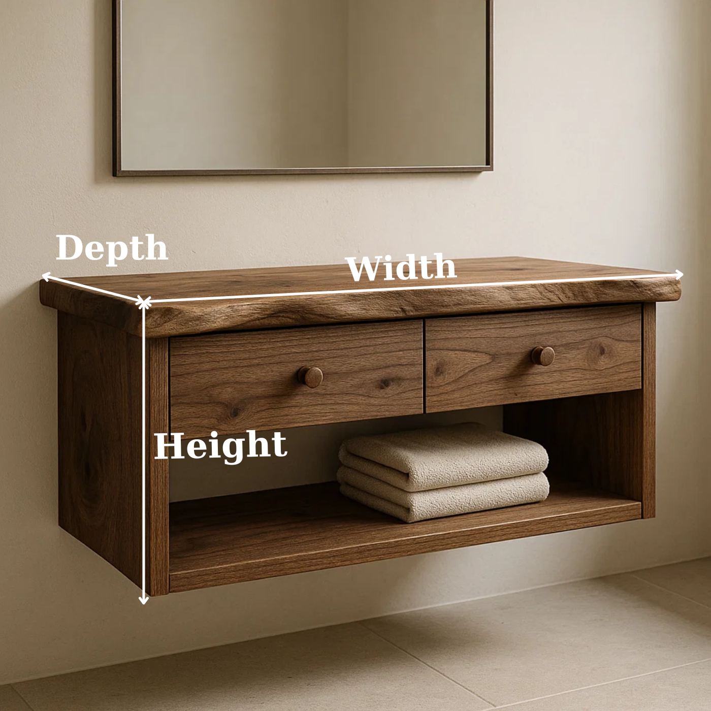 Handcrafted Solid Wood Floating Vanity - Live Edge Walnut Console with 2 Drawers & Open Shelf