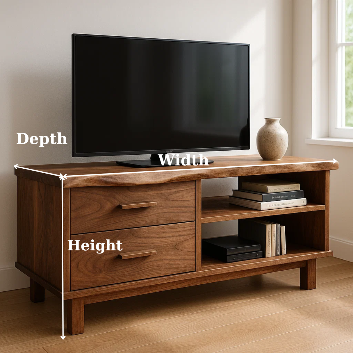 Handcrafted Solid Wood TV Stand with Live Edge Walnut Top and Open Shelves