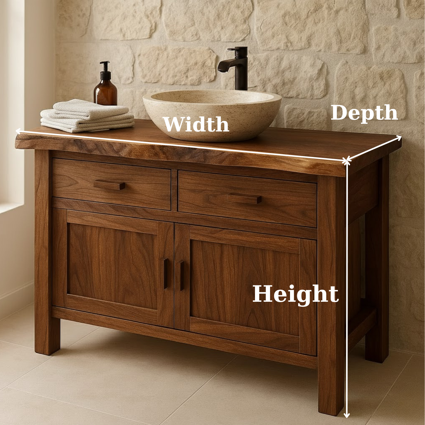 Handcrafted Solid Wood Bathroom Vanity - Live Edge Top Cabinet with Drawers & Doors