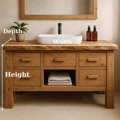 Handcrafted Solid Wood Bathroom Vanity - Live Edge Storage Cabinet with 6 Drawers & Shelf
