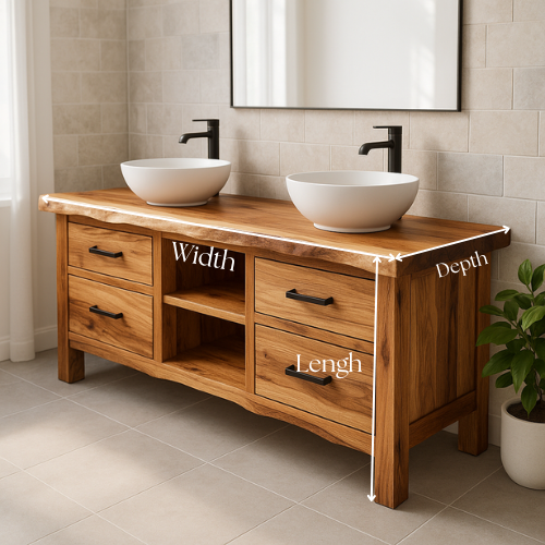 Handcrafted Double Sink Bathroom Vanity – Solid Oak Live Edge Countertop with Drawers & Shelves – Modern Rustic Wood Design for Natural Interiors