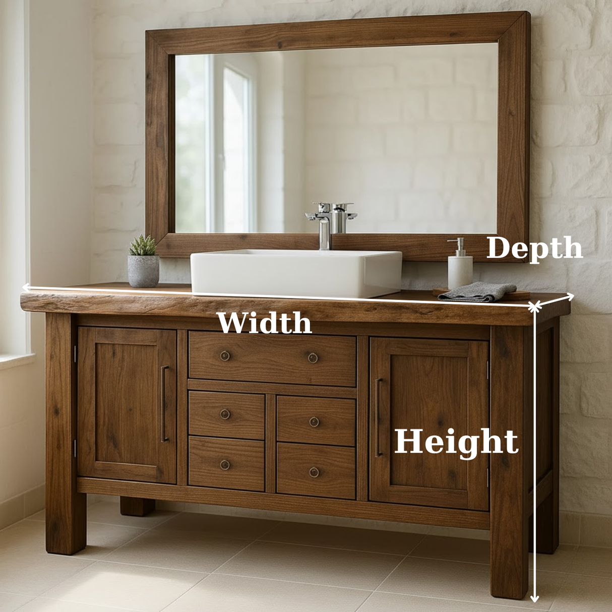 Handcrafted Solid Wood Bathroom Vanity - Live Edge Top, Cabinets, Drawers & Vessel Sink Base