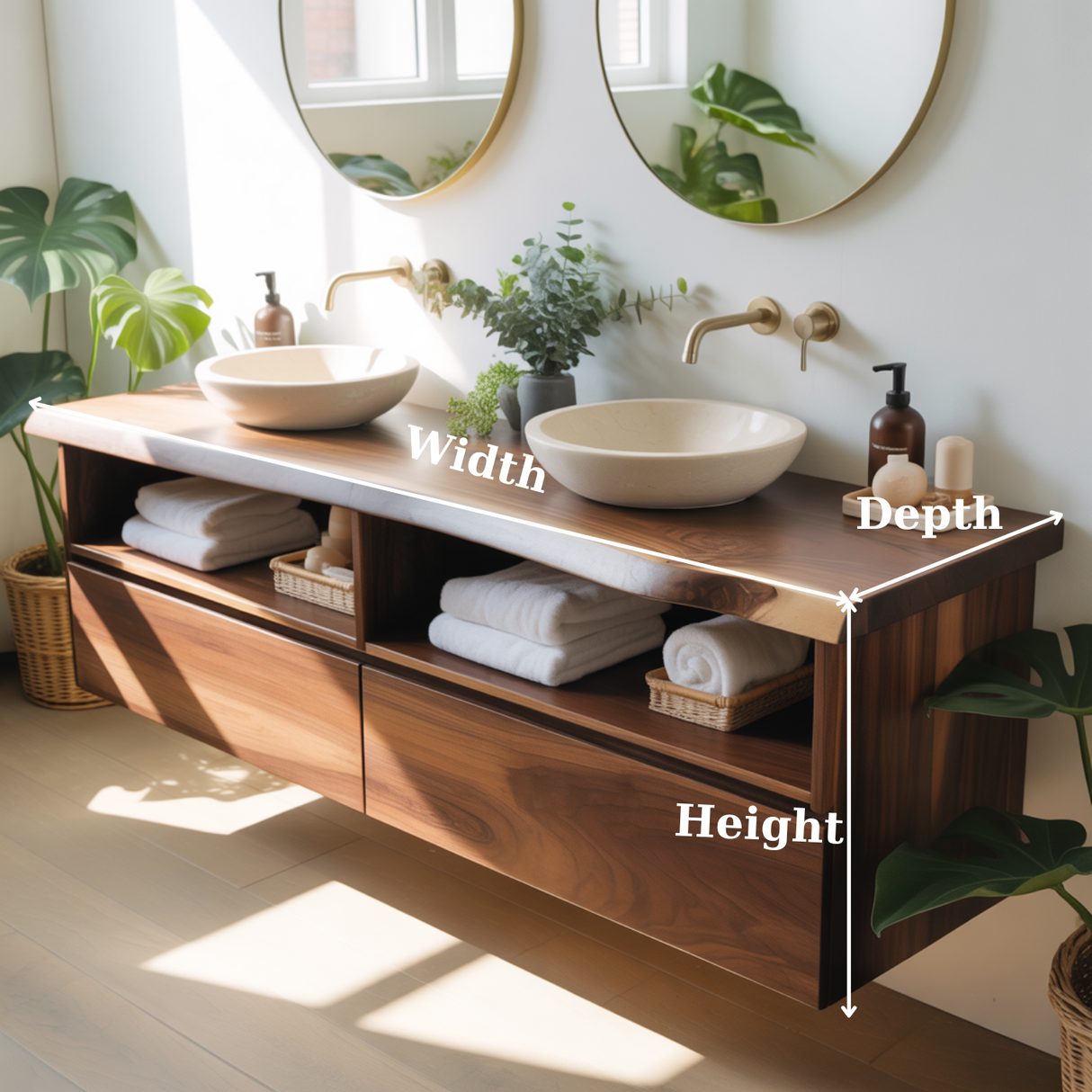 Handcrafted Solid Wood Floating Bathroom Vanity with Open Shelves & Soft-Close Drawers