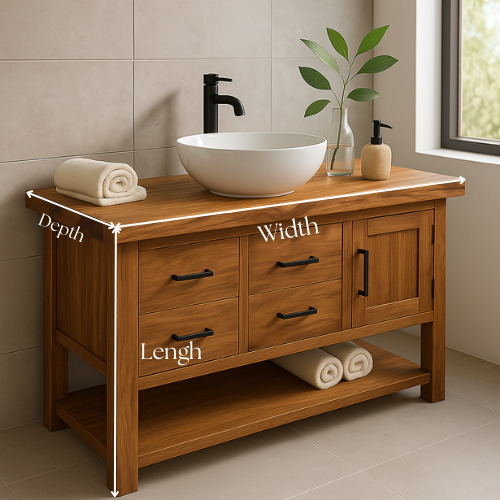 Handcrafted Solid Oak Bathroom Vanity – Live Edge Countertop with Drawers & Cabinet – Modern Rustic Wood Design for Warm, Natural Bathrooms