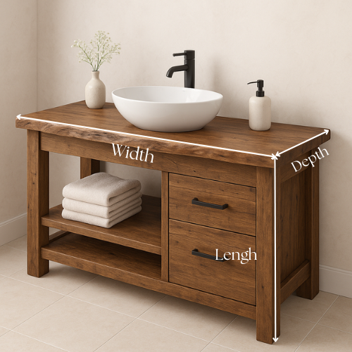 Handcrafted Solid Wood Bathroom Vanity – Rustic Live Edge Countertop with 2 Drawers & Open Shelf – Farmhouse Natural Finish