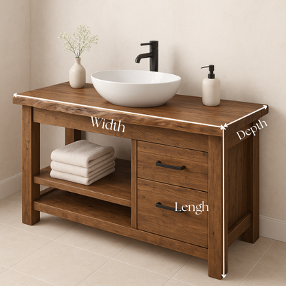 Handcrafted Solid Wood Bathroom Vanity – Rustic Live Edge Countertop with 2 Drawers & Open Shelf – Farmhouse Natural Finish