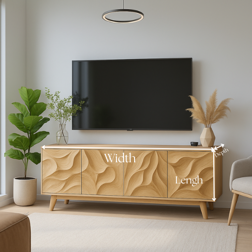 Handcrafted Solid Oak TV Stand with 3D Wave Carved Doors – Modern Artistic Console Table for Living Room