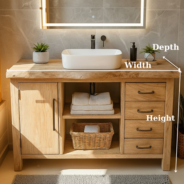 Handcrafted Solid Wood Bathroom Vanity with Live Edge Oak Top and Open Storage