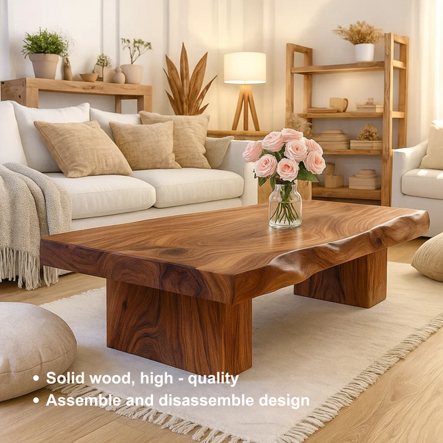 Handcrafted Solid Wood Coffee Table with Sculpted Live Edge – Modern Organic Wood Center Table for Japandi Living Spaces