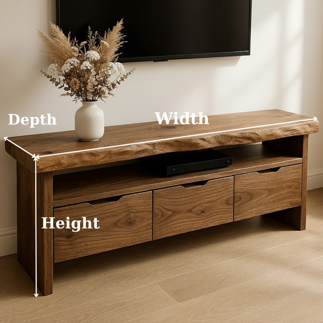 Handcrafted Solid Wood TV Stand with Live Edge Walnut Top and 3 Drawers