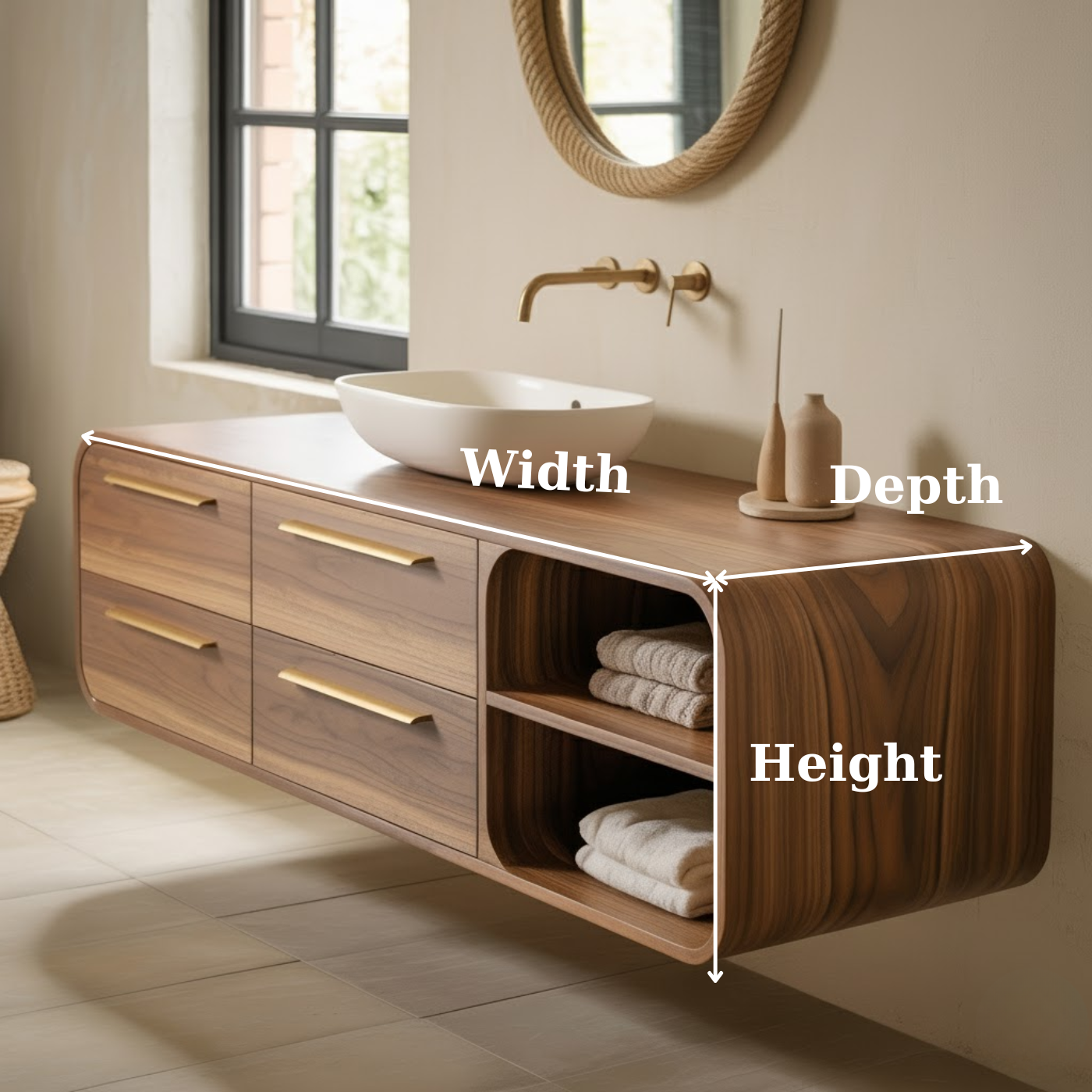 Handcrafted Solid Walnut Floating Vanity: Minimalist Gold Handle Bathroom Storage