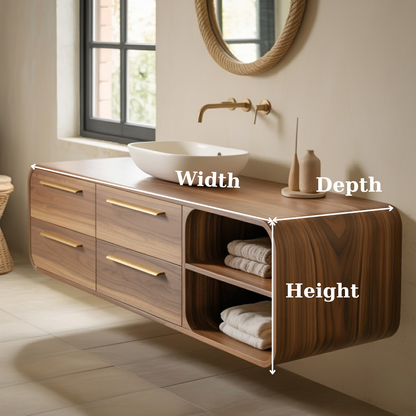 Handcrafted Solid Walnut Floating Vanity: Minimalist Gold Handle Bathroom Storage