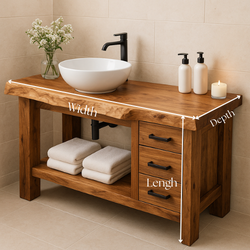 Rustic Solid Wood Bathroom Vanity – Handcrafted Live Edge Countertop with 3 Drawers & Open Shelf – Farmhouse Natural Wood Sink Stand