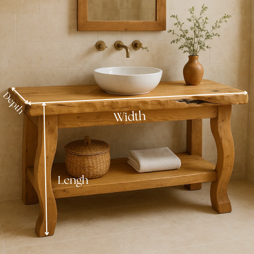 Handcrafted Solid Wood Bathroom Vanity – Live Edge Countertop with Curved Legs and Open Shelf – Rustic Organic Natural Design