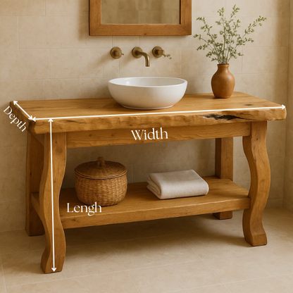 Handcrafted Solid Wood Bathroom Vanity – Live Edge Countertop with Curved Legs and Open Shelf – Rustic Organic Natural Design