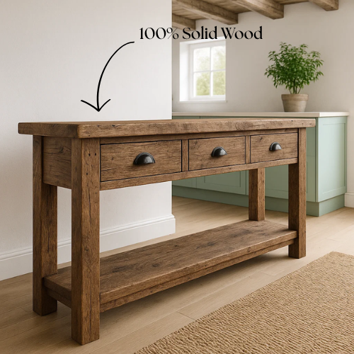 Rustic Solid Wood Console Table with Black Iron Handles, Handcrafted
