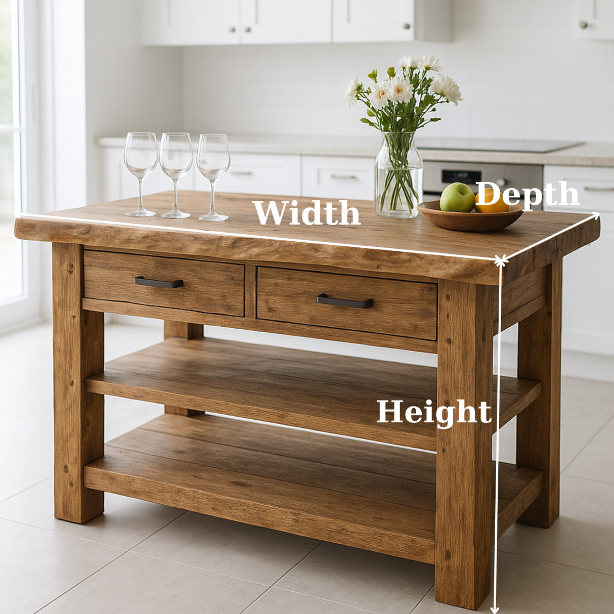 Handcrafted Solid Wood Kitchen Island - Live-Edge Top, 2 Drawers & Shelves