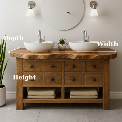 Handcrafted Solid Wood Live Edge Double Vanity - 8 Drawer Storage