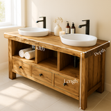 Handcrafted Solid Wood Double Sink Bathroom Vanity – Rustic Live Edge Countertop with 3 Drawers & Open Shelves – Farmhouse Design