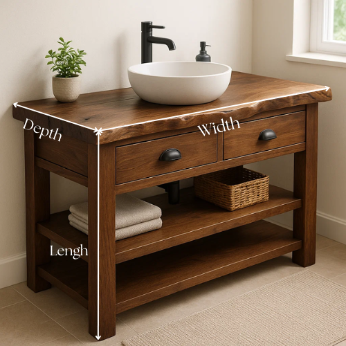 Handcrafted Solid Wood Bathroom Vanity – Live Edge Top with 2 Drawers and Open Shelving
