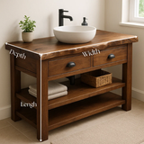 Handcrafted Solid Wood Bathroom Vanity – Live Edge Top with 2 Drawers and Open Shelving