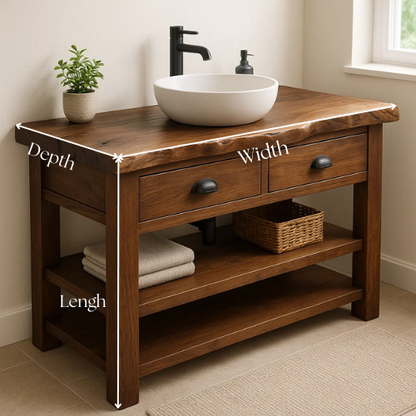 Handcrafted Solid Wood Bathroom Vanity – Live Edge Top with 2 Drawers and Open Shelving
