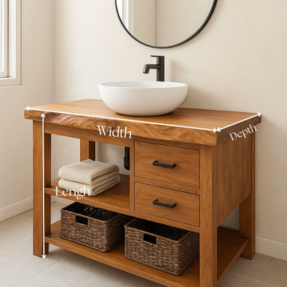 Handcrafted Solid Wood Bathroom Vanity – Live Edge with Drawers & Open Shelf
