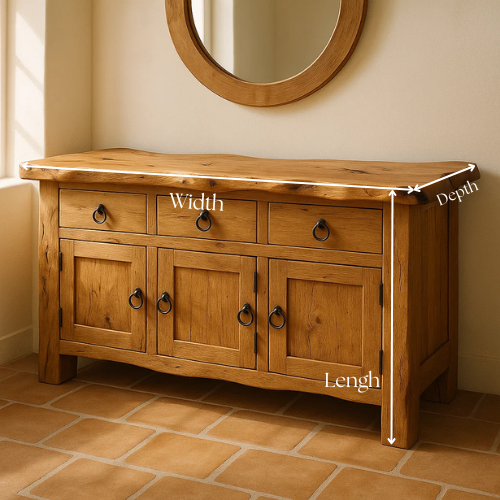 Handcrafted Solid Wood Live Edge Console Table – Rustic Oak with Drawers and Cabinet Doors