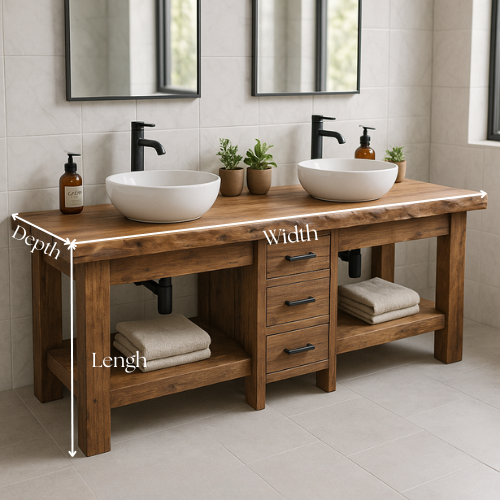 Handcrafted Solid Wood Double Bathroom Vanity – Live Edge Top with 3 Drawers & Open Shelves
