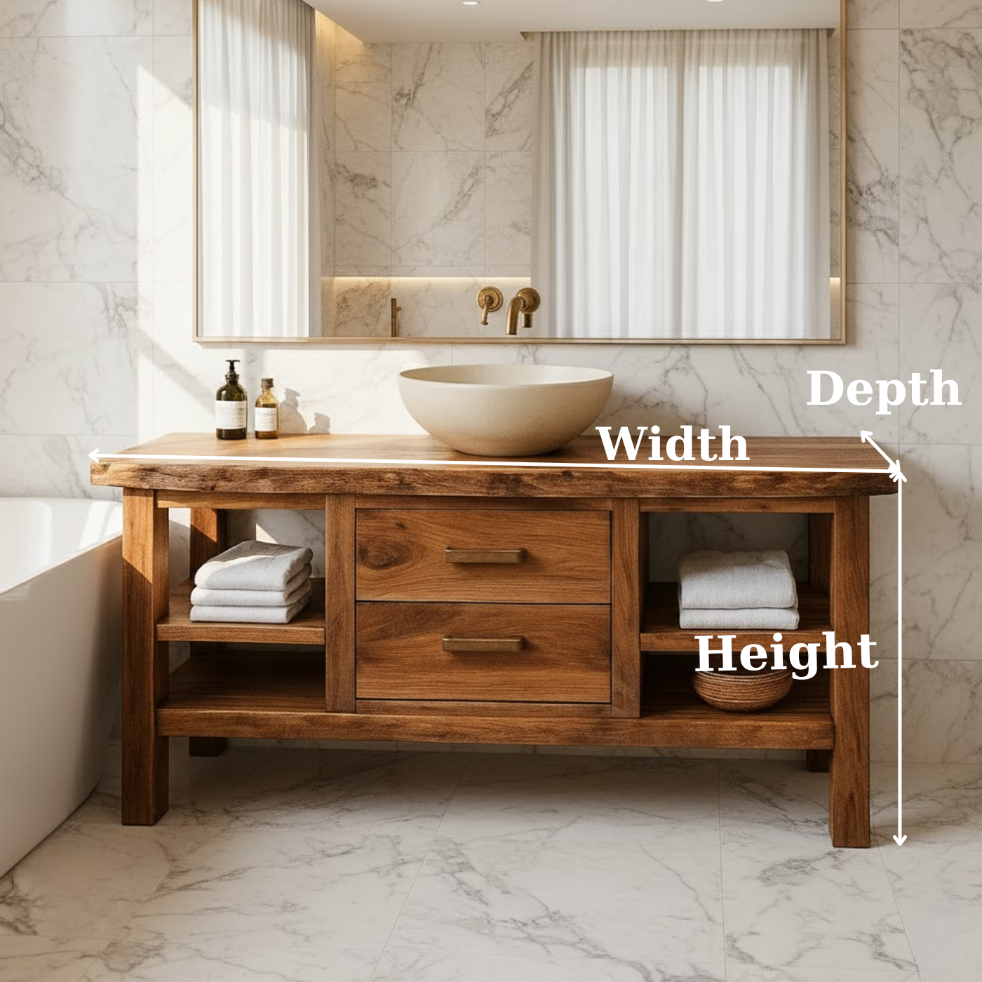 Handcrafted Solid Wood Bathroom Vanity - Live Edge Top, 2 Drawers & Open Frame Shelving