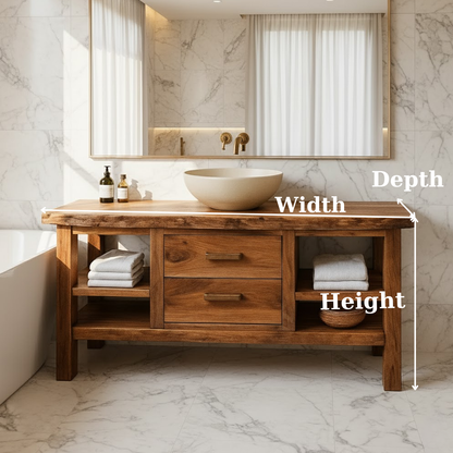 Handcrafted Solid Wood Bathroom Vanity - Live Edge Top, 2 Drawers & Open Frame Shelving