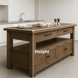 Handcrafted Solid Wood Kitchen Island - Long Design, Drawers & Cabinets