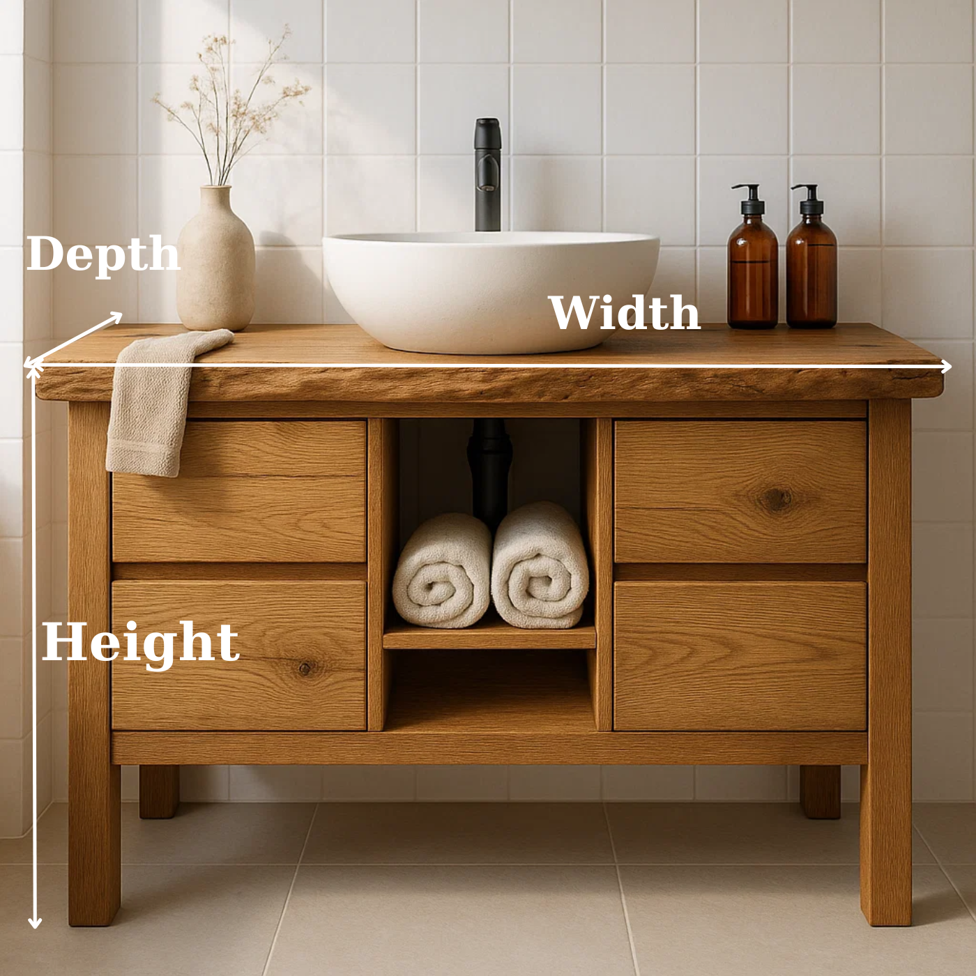 Handcrafted Solid Wood Bathroom Vanity - Live Edge Top with Drawers & Open Shelf Storage