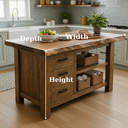 Handcrafted Solid Wood Kitchen Island - Live Edge, Drawers & Open Shelves