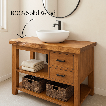 Handcrafted Solid Wood Bathroom Vanity – Live Edge with Drawers & Open Shelf