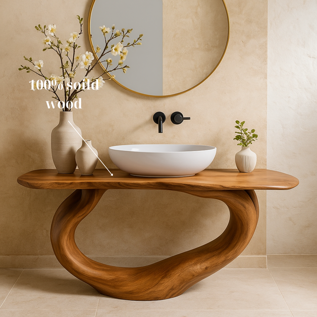 Handcrafted Solid Wood Live Edge Bathroom Vanity with Sculptural Curved Base Modern Organic Design