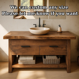 Handcrafted Solid Wood Bathroom Vanity with Live Edge Top and Open Storage Shelf