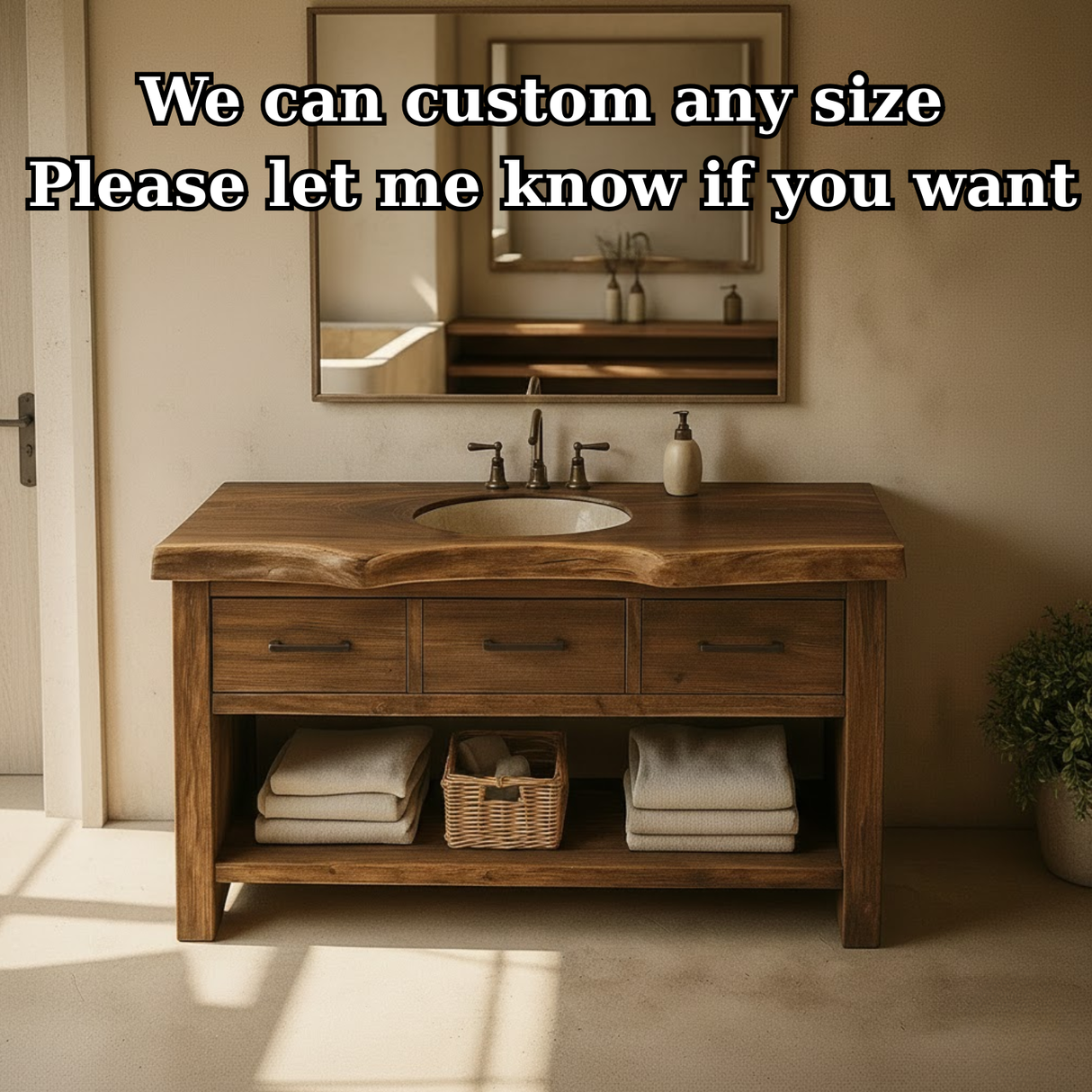 Handcrafted Solid Wood Bathroom Vanity with Live Edge Top, Triple Drawers & Open Storage Shelf