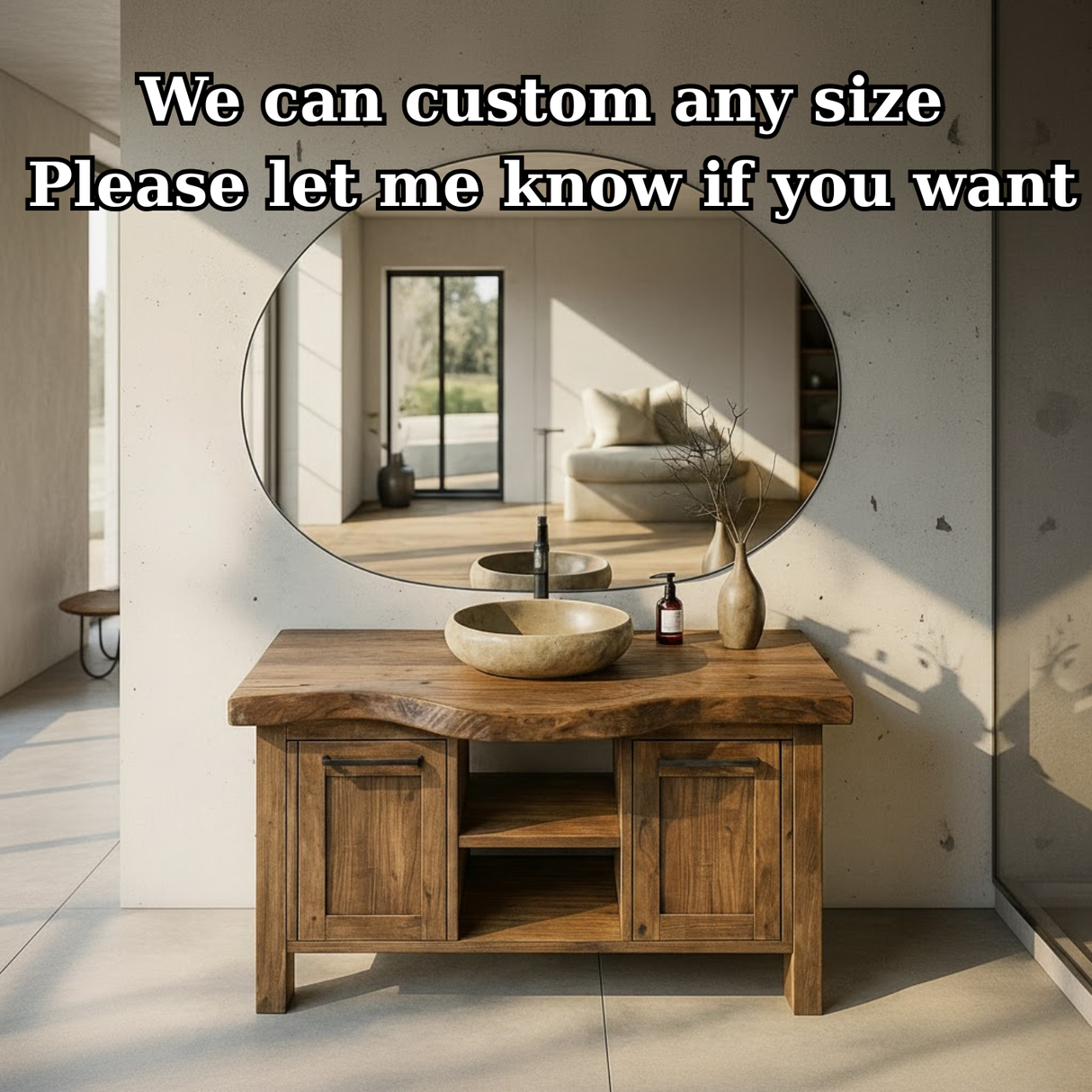 Handcrafted Solid Wood Bathroom Vanity with Live-Edge Top and Dual Side Cabinets