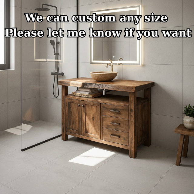 Handcrafted Solid Wood Bathroom Vanity with Live Edge Walnut Top, 3 Drawers and Cabinet