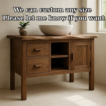 Handcrafted Solid Wood Bathroom Vanity - Live Edge Top, 2 Drawers & Open Frame Shelving (Copy)