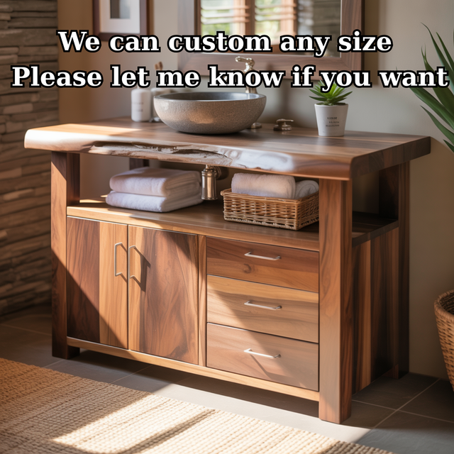 Handcrafted Solid Wood Bathroom Vanity with Live Edge Walnut Top, 3 Drawers and Cabinet