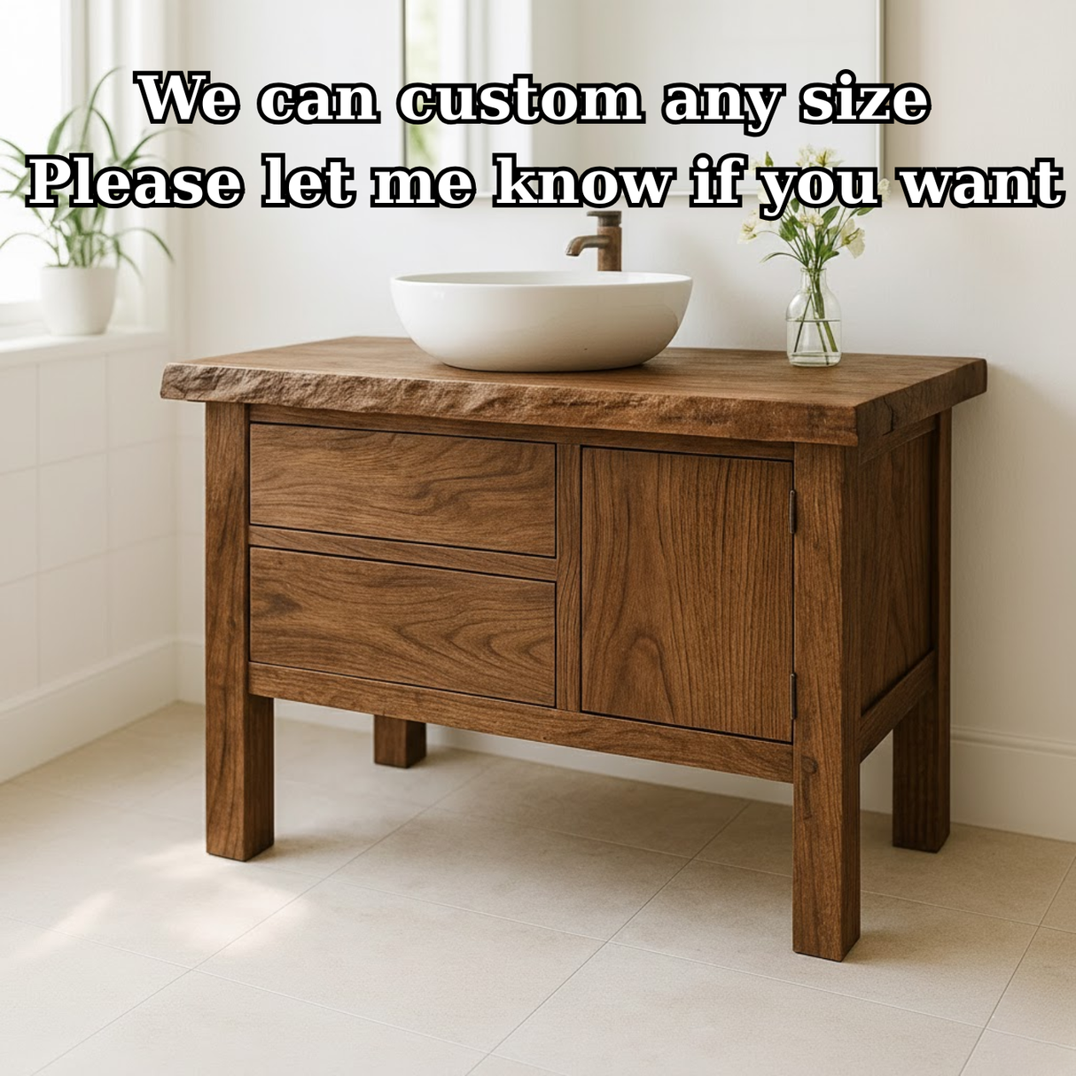 Handcrafted Solid Wood Bathroom Vanity - Live Edge Top, 2 Drawers & Single Door Cabinet