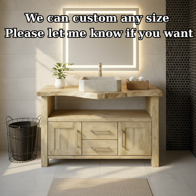 Handcrafted Solid Wood Bathroom Vanity with Live Edge Oak Top, 2 Drawers and Double Cabinets