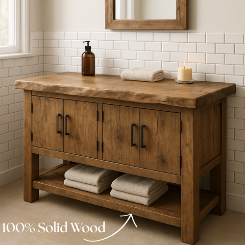 Handcrafted Solid Wood Bathroom Vanity – Live Edge Top with Four Doors & Open Shelf