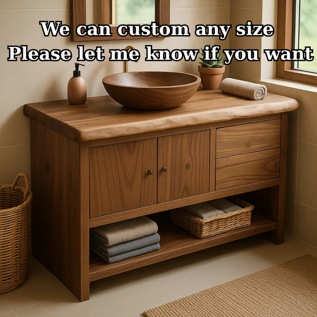 Handcrafted Solid Wood Bathroom Vanity with Live Edge Walnut Top and Storage Cabinet