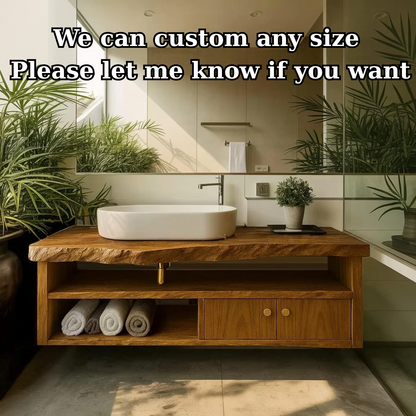 Handcrafted Solid Wood Floating Vanity, Organic Live Edge Bathroom Console with Storage
