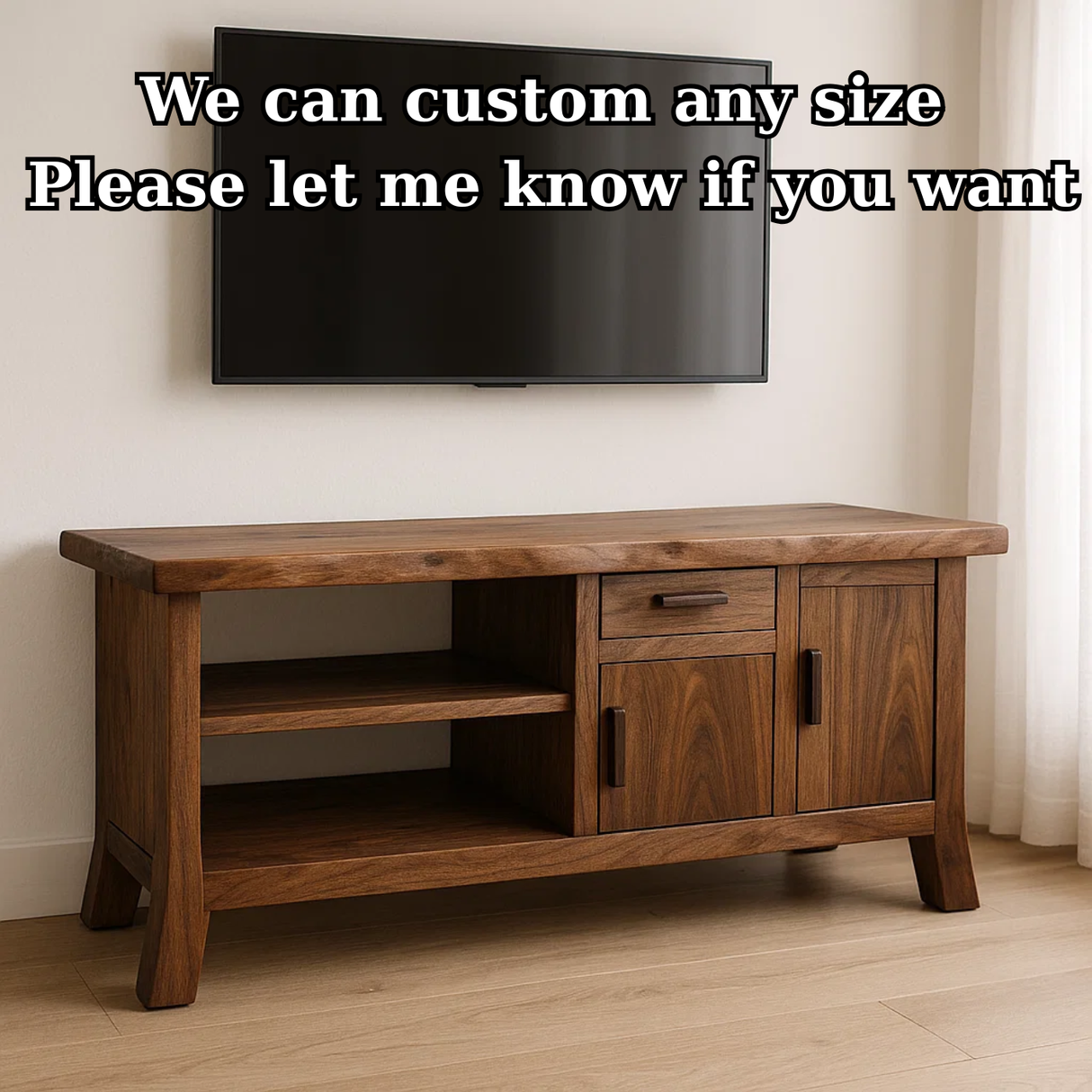 Handcrafted Solid Wood TV Stand - Live Edge Console, Drawer, Cabinet & Open Shelves