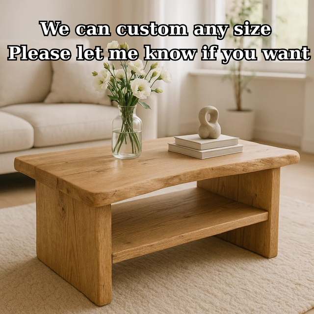 Handcrafted Solid Oak Coffee Table - Live Edge, Rustic Modern with Open Shelf
